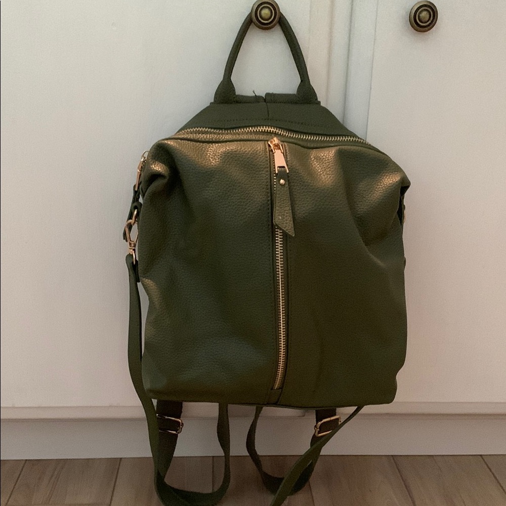 Olive Green Vegan Leather Backpack with Gold Hardware - LIKE NEW